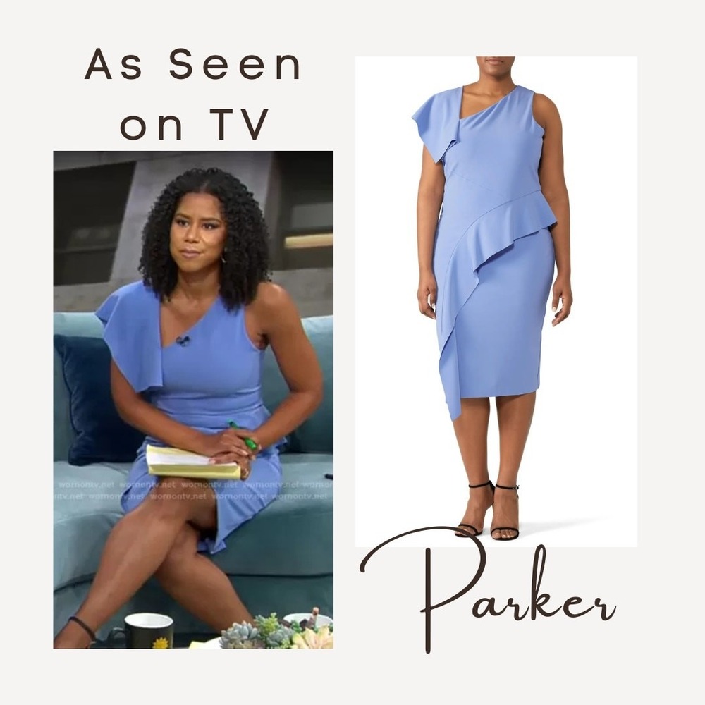 Parker‎ Black Shara Periwinkle Blue Asymmetrical Ruffle Sheath Dress Cocktail 14